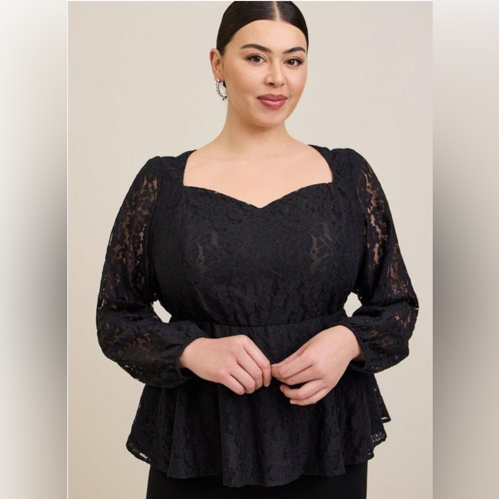 Torrid Peplum Lace Puff Sleeve Elegant Black Lace Top